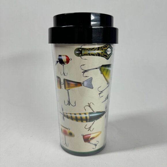 Vintage Thermo-Serv  Jon Q Wright Fishing Lures Hooks Travel Mug Cup Made in USA - Picture 1 of 10